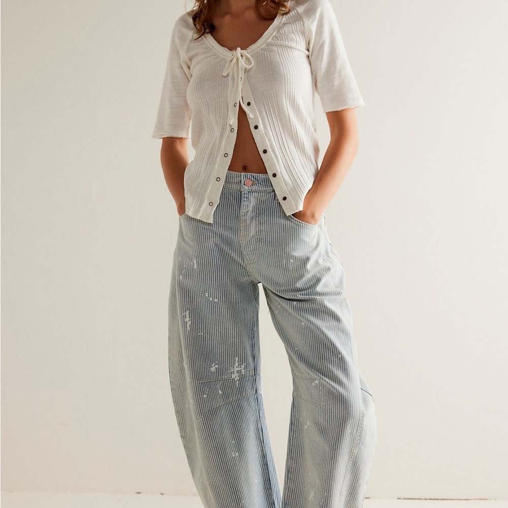 Free People We The Free Good Luck Mid-Rise Stripe Barrel Jeans paint 24
